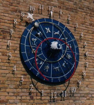 Figure 20: Astronomical clock on an external wall of the Rattray Lecture Theatre, Univesity of Leicester.  It is 8 feet in diameter.